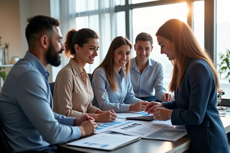 A diverse group of professionals in a bright, modern office discussing financial charts.
